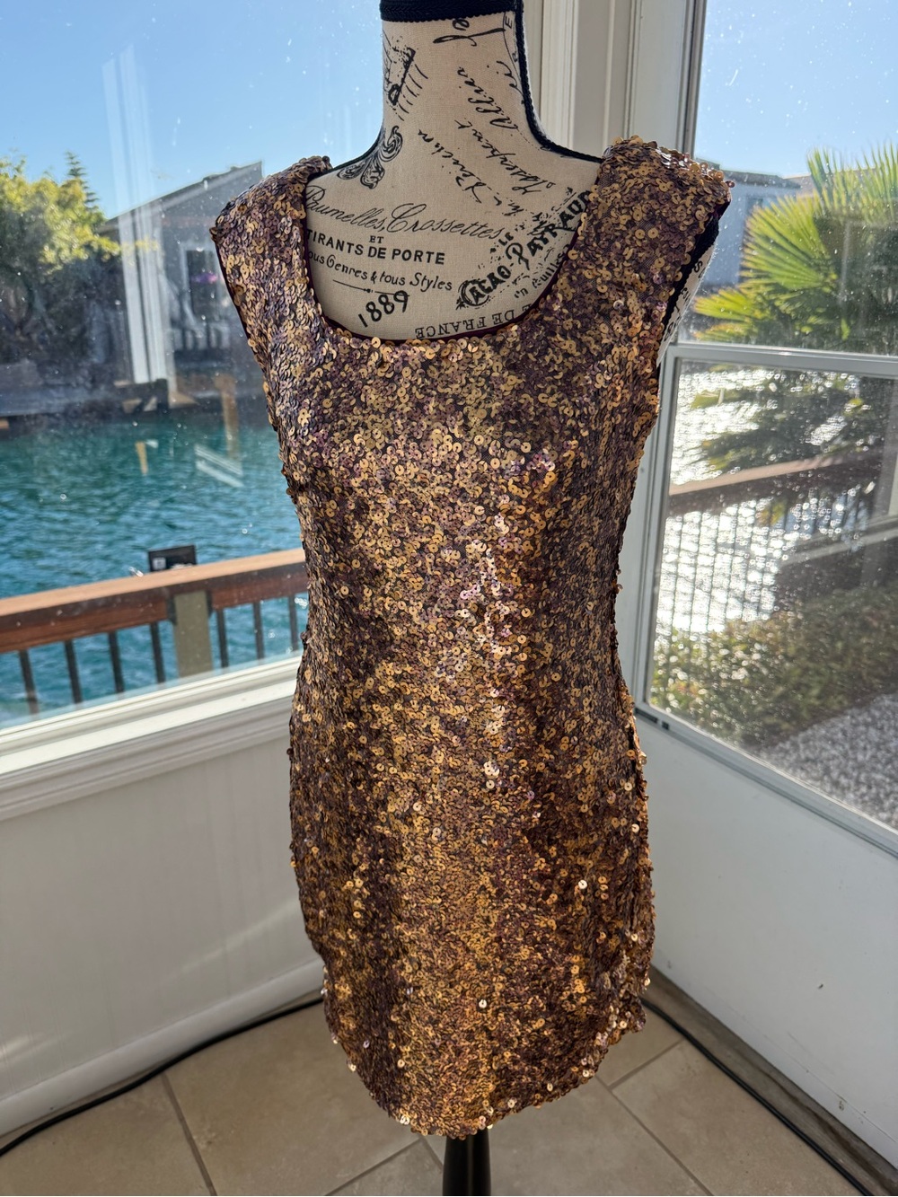 Aqua Gold Sequin Scoop Neck Cocktail Dress